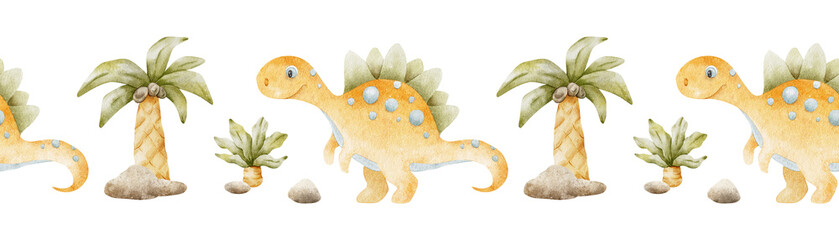Cute orange dinosaur, Palm trees and stones. Isolated hand drawn watercolor seamless border of dino. A banner of Centrosaurus for children's invitation cards, baby shower, decoration of kid's rooms