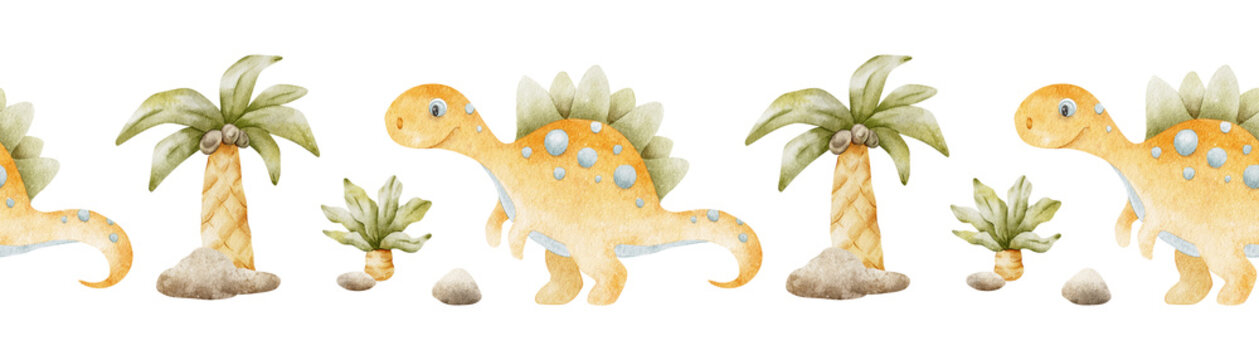 Cute orange dinosaur, Palm trees and stones. Isolated hand drawn watercolor seamless border of dino. A banner of Centrosaurus for children's invitation cards, baby shower, decoration of kid's rooms