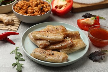 Tasty fried spring rolls and ingredients on grey table, closeup