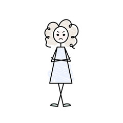 sad teen girl character, upset, angry, bad mood black outline pencil drawing, flat doodle illustration