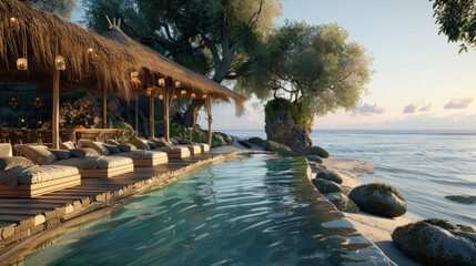 Fototapeta premium Modern beach club design near the ocean, Balinese style.