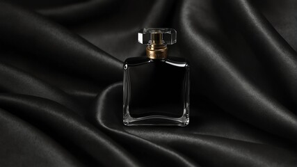 black smooth silk satin fabric background with beautiful glass for womens perfume bottle from Generative AI - obrazy, fototapety, plakaty