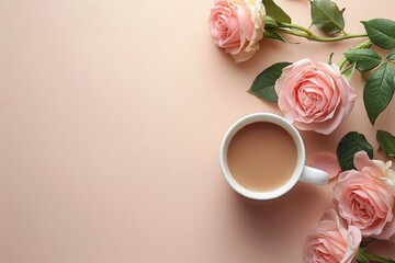 A cup of coffee and pink roses on a light pastel pink background. The concept of Love, dating, Morning coffee, breakfast, Weekend. Close-up. View from above.  illustration with free space  for text.