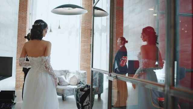 Happy bride and groom in wedding dress prepare for married in wedding ceremony. Romantic love of man and woman couple.