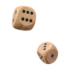 Two wooden dice in air on white background