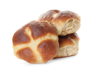 Tasty hot cross buns isolated on white