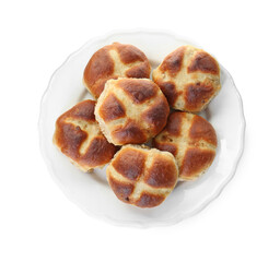 Tasty hot cross buns isolated on white, top view