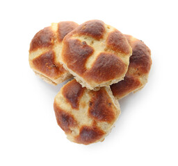 Tasty hot cross buns isolated on white, top view