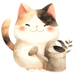 Kawaii cat with a watering can, watercolor illustration - 781889183