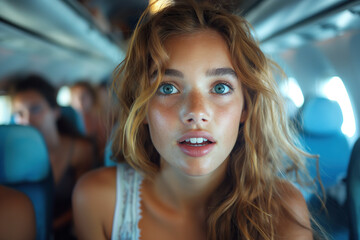 anxiety young woman passenger with aerophobia inside airplane in turbulence flight