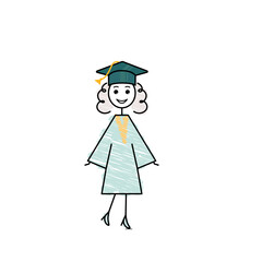 happy student girl doodle vector illustration, end of school day, green graduation gown, black outline sketch