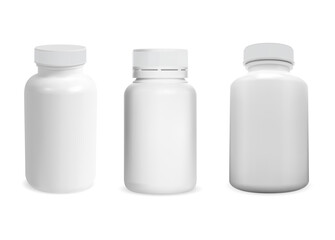 Medicine pill bottle blank. White supplement jar template illustration. Vitamin tablet container design. Realistic pharmaceutical medicament can mockup. Prescription medication packaging - obrazy, fototapety, plakaty