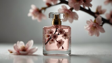 a cherry blossom flower and beautiful glass for womens perfume bottle on plain white background from Generative AI