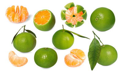 Fresh ripe tangerines with green peel isolated on white, set