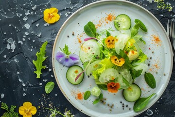 Restaurant Plate of Green Salad with Avocado, Cucumber, Spinach, Celery and Cucumber Jelly - obrazy, fototapety, plakaty