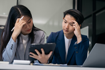 Businessman team Failed for work laptop computer problems highlighting customer dissatisfaction.