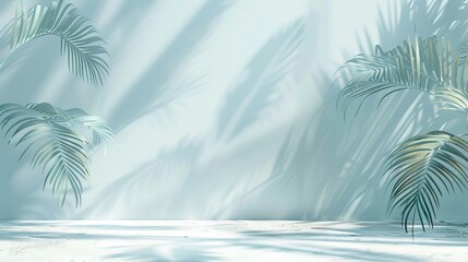 Minimal abstract light blue background for product presentation. Shadow and light from windows and shadow of leaves of palm on plaster wall. copy space of text , for presentation