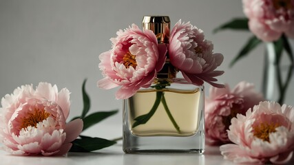 a peony flower and beautiful glass for womens perfume bottle on plain white background from Generative AI