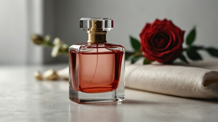 a red rose and beautiful glass for womens perfume bott cedb-f-b-b-deaflower and beautiful glass for womens perfume bottle on plain white background from Generative AI