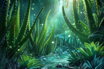 Fototapeta premium Aloe plant described as the guardian of the secret garden. Their leaves glow with magic and mystery.