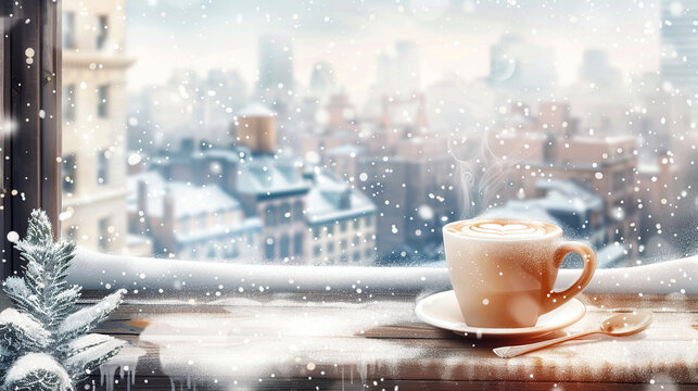 3D vector spicy chai latte, snowy cityscape view from a cafe window,