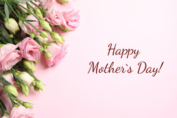 Happy Mother's Day greeting card. Beautiful flowers on pink background