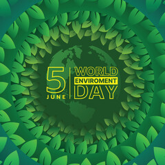 World Enviroment day - Yellow text on globe world texture in circle layers green leaf around vector design - 781890163
