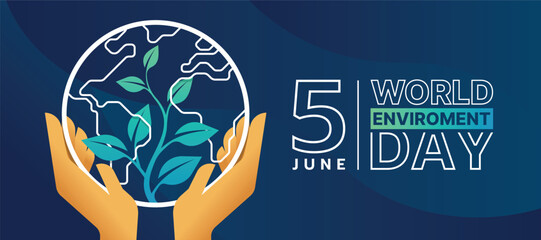 World Environment Day - Hands hold up white line circle world globe with plant leaf on blue background vector design