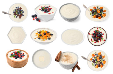 Set of cooked semolina porridge in bowls on white background
