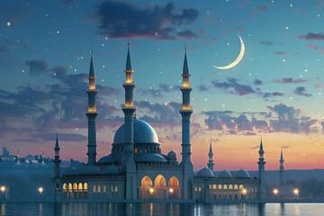 A mosque with a crescent moon under the night sky - obrazy, fototapety, plakaty