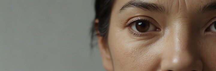 asian elder woman eyes panoramic banner for skin care, beauty and ad concept bright white clear background from Generative AI