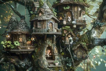 Enchanted Treehouses in a Mystical Forest Scene