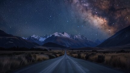 Starry Night Sky Over Mountain Road Leading to the Horizon