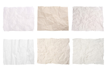 Set with sheets of crumpled parchment paper isolated on white, top view