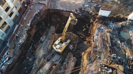 Obraz premium Aerial View of Excavator on Construction Site at Sunset