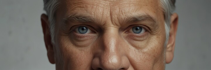 caucasian elder man eyes panoramic banner for skin care, beauty and ad concept bright white clear background from Generative AI