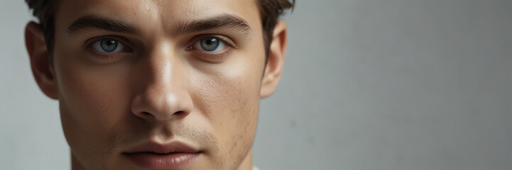 caucasian young man eyes panoramic banner for skin care, beauty and ad concept bright white clear background from Generative AI