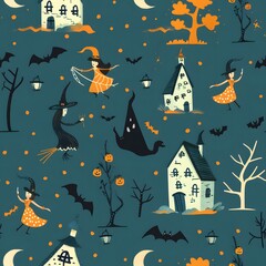 Fototapeta na wymiar Halloween pattern with witches, haunted houses and moon in dark blue color on teal background