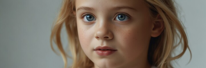 Obraz premium young blonde child girl eyes panoramic banner for skin care, beauty and ad concept bright white clear background from Generative AI