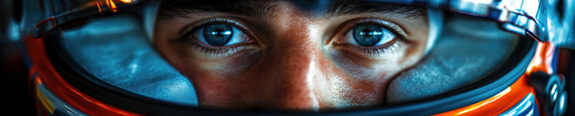 Fototapeta premium face of male driver Formula One racer pilot in helmet in a racing car F1 driving on the track at race