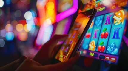 Fototapeta na wymiar Vibrant Casino Mobile Gaming Experience at Night