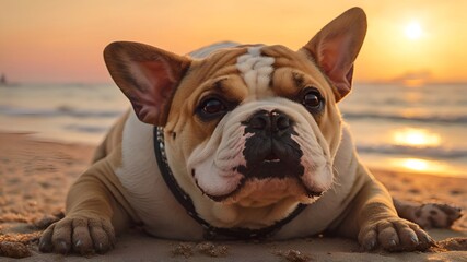 English bulldog sitting on the beach