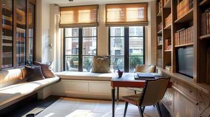 Elegant Home Office Nook with Natural Light and Bookshelves