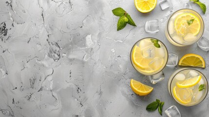 Refreshing Lemonade with Ice and Mint on a Textured Table - obrazy, fototapety, plakaty