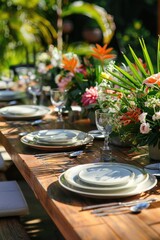 Fototapeta premium Elegant outdoor garden dinner table setting with flowers and lights.