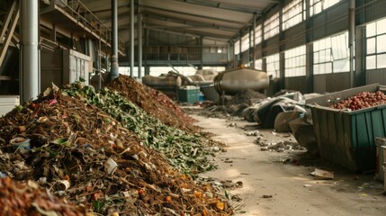 Industrial waste at a recycling plant. Organic material and garbage accumulation.