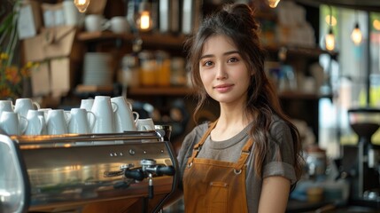 Confident Barista Smiling Behind Coffee Machine at Trendy Cafe