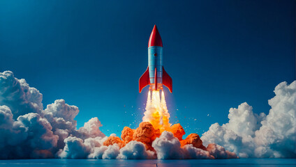 Rocket taking off on a clean background as an illustration of a new business starting and new beginnings - obrazy, fototapety, plakaty