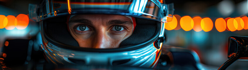 Fototapeta premium face of white man driver Formula One racer pilot in helmet in a racing car F1 driving at a race competition