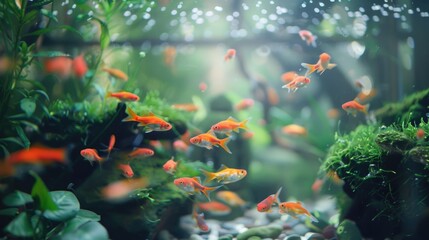 Colorful goldfish swimming in a lush freshwater aquarium.